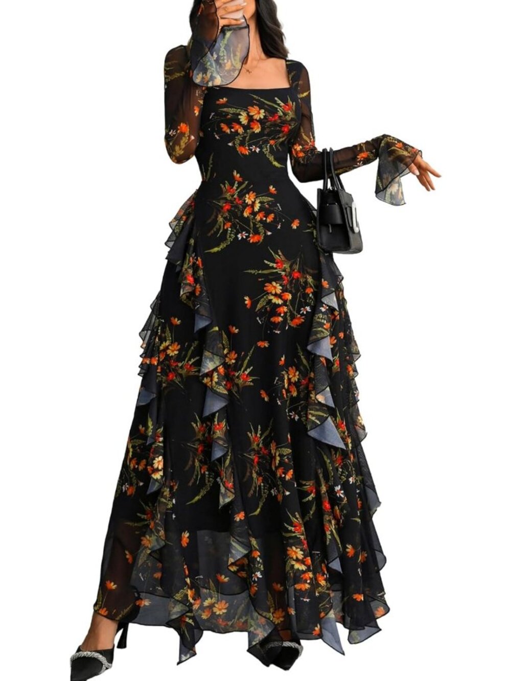 Gothic Floral Long Sleeve Dress with Ruffle Hem - Perfect for Parties & Events
